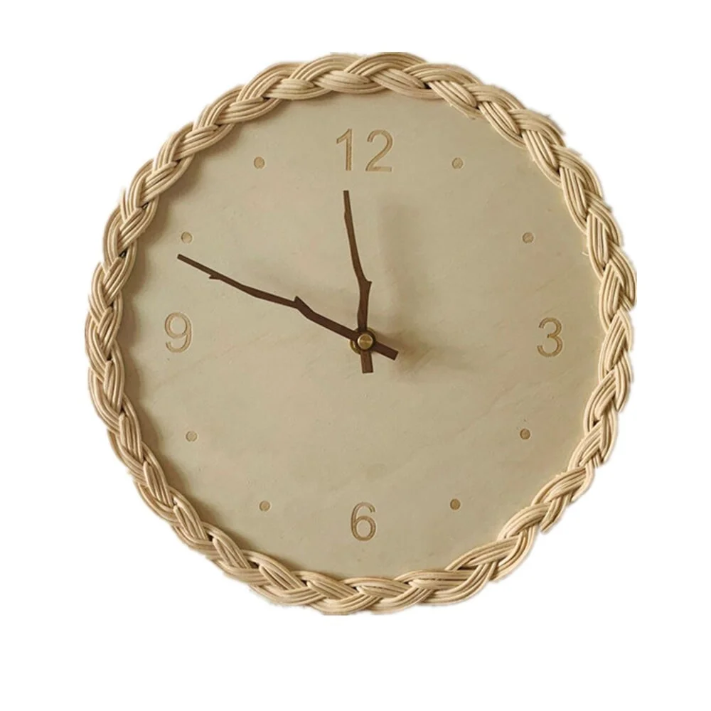 INS Japanese Style Rattan Wall Clock Round Digital Wood Mute Silent Clock Homestay Hanging Ornament Figurines Bedroom Home Decor