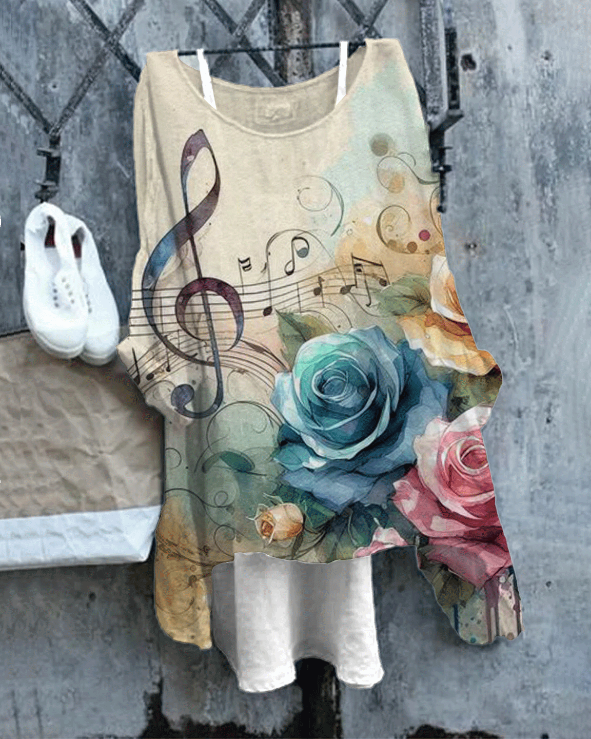Women's Vintage Note & Flowers Print Linen Blend Flowy Tunic