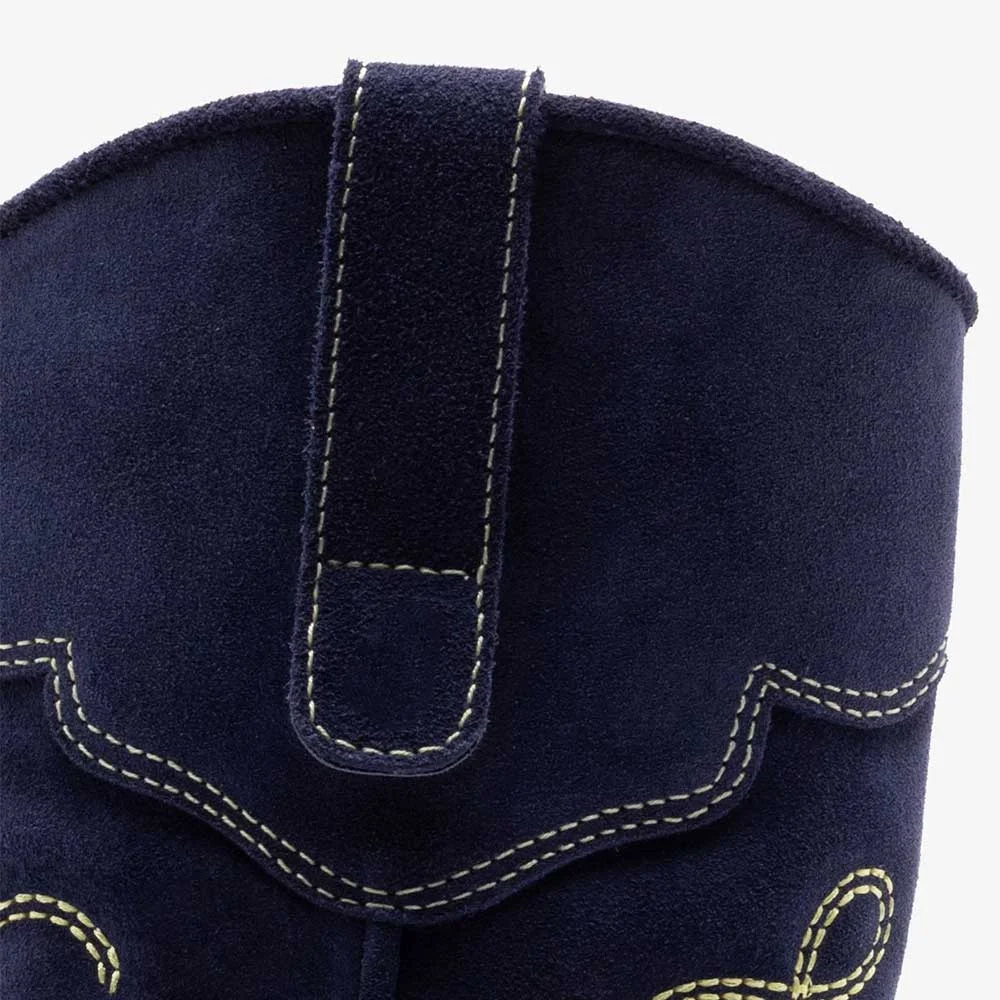 Navy Closed Toe Block Heel Embroidered Cowboy Boots with Flowers