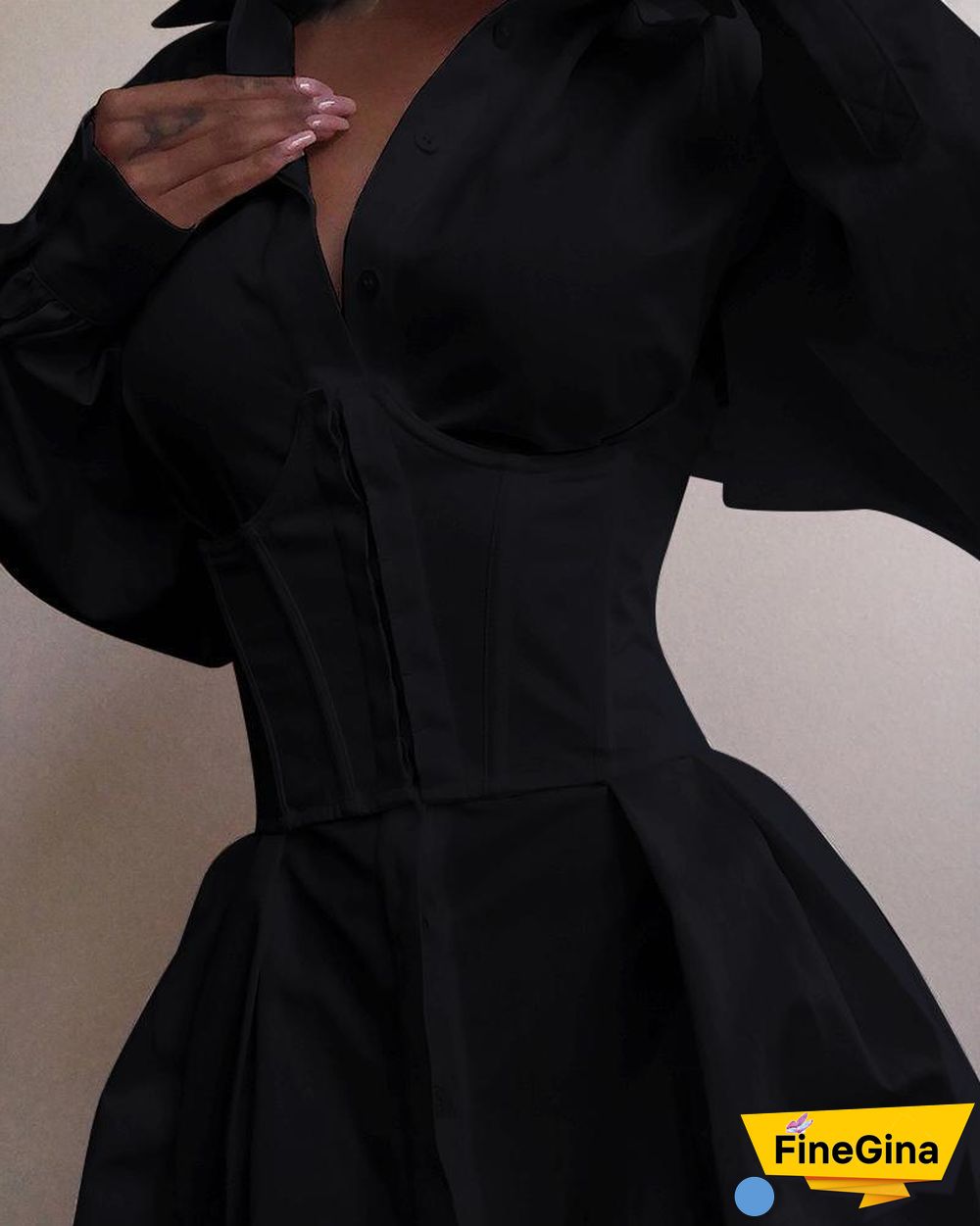 Solid Long Sleeve Tight Waist Buttoned Shirt Dress P15209