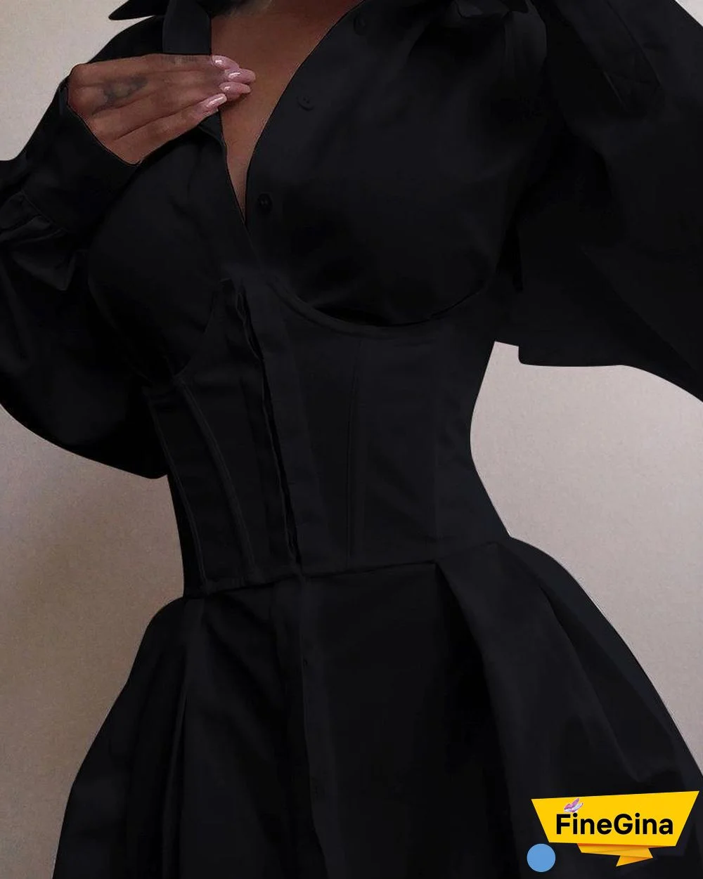 Solid Long Sleeve Tight Waist Buttoned Shirt Dress P15209
