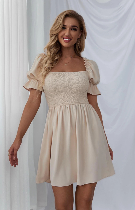 Mature Women Spring And Summer Casual Square Collar Puff Sleeve Smocked Dress
