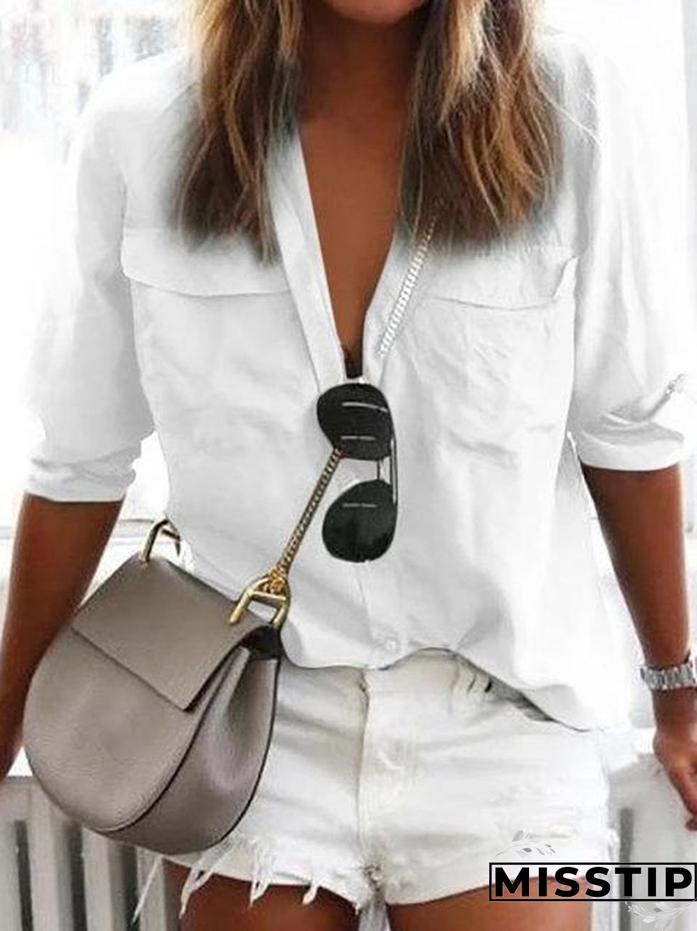 Solid Long Sleeve Shirt Collar Pockets Casual Plus Size Shirts