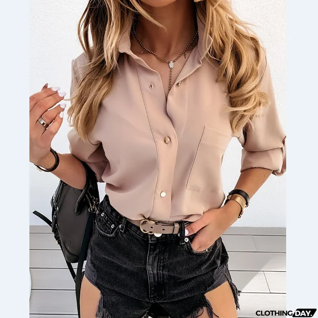 Design Solid Button Long Sleeve Shirt