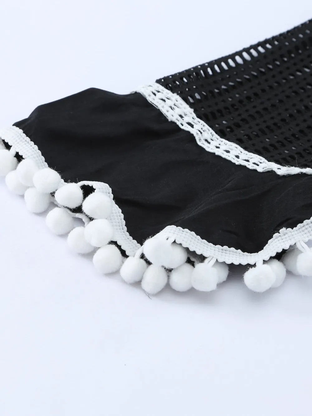 Beach Ready Black Crochet Pom Pom Trim Tunic Cover-Up