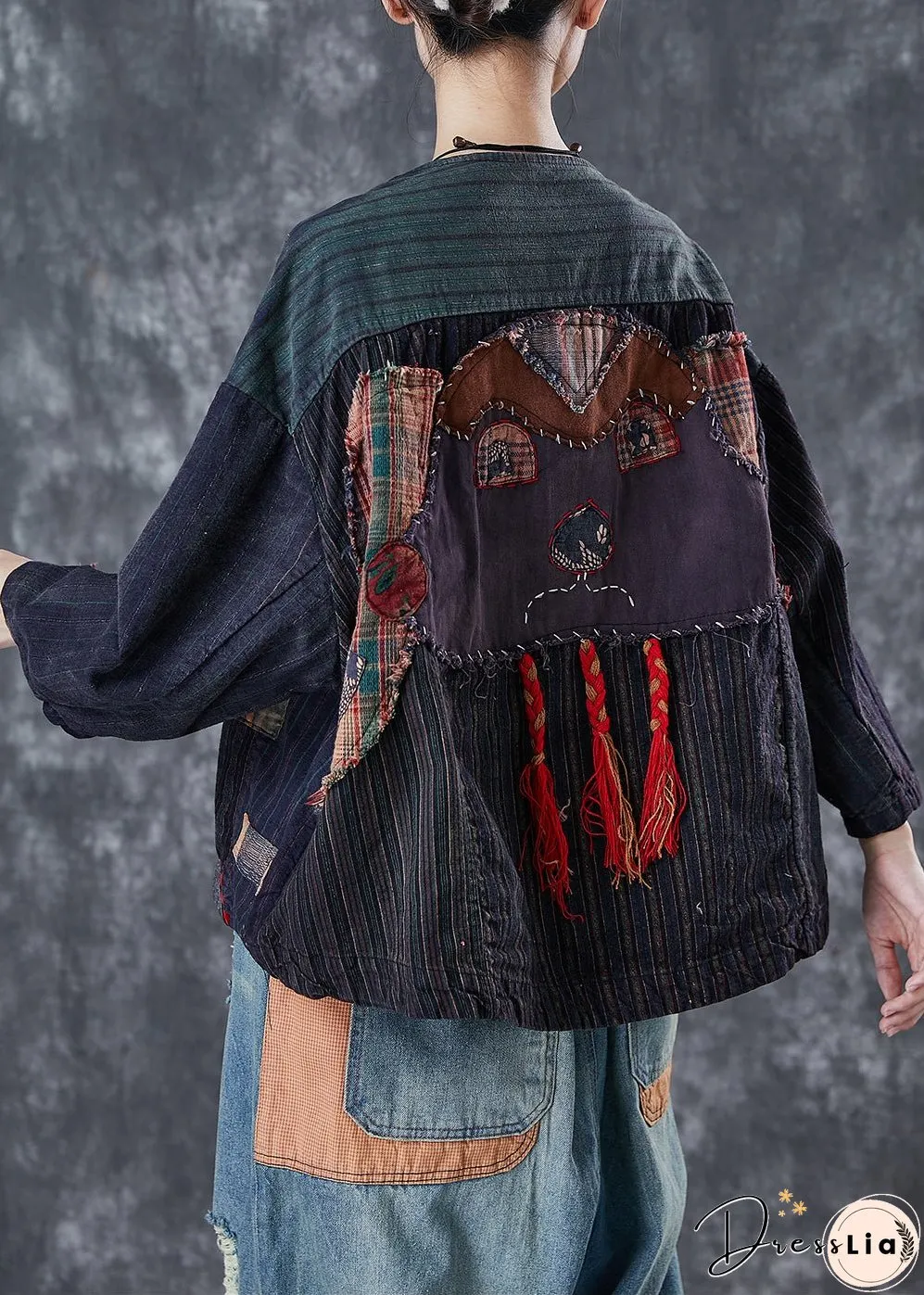 Vintage Black Oversized Patchwork Applique Cotton Coat Outwear Spring