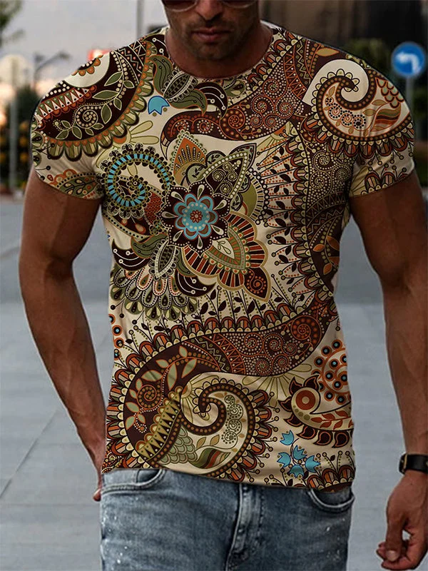 Spiral Pattern Printed Round Neck Loose T-shirt