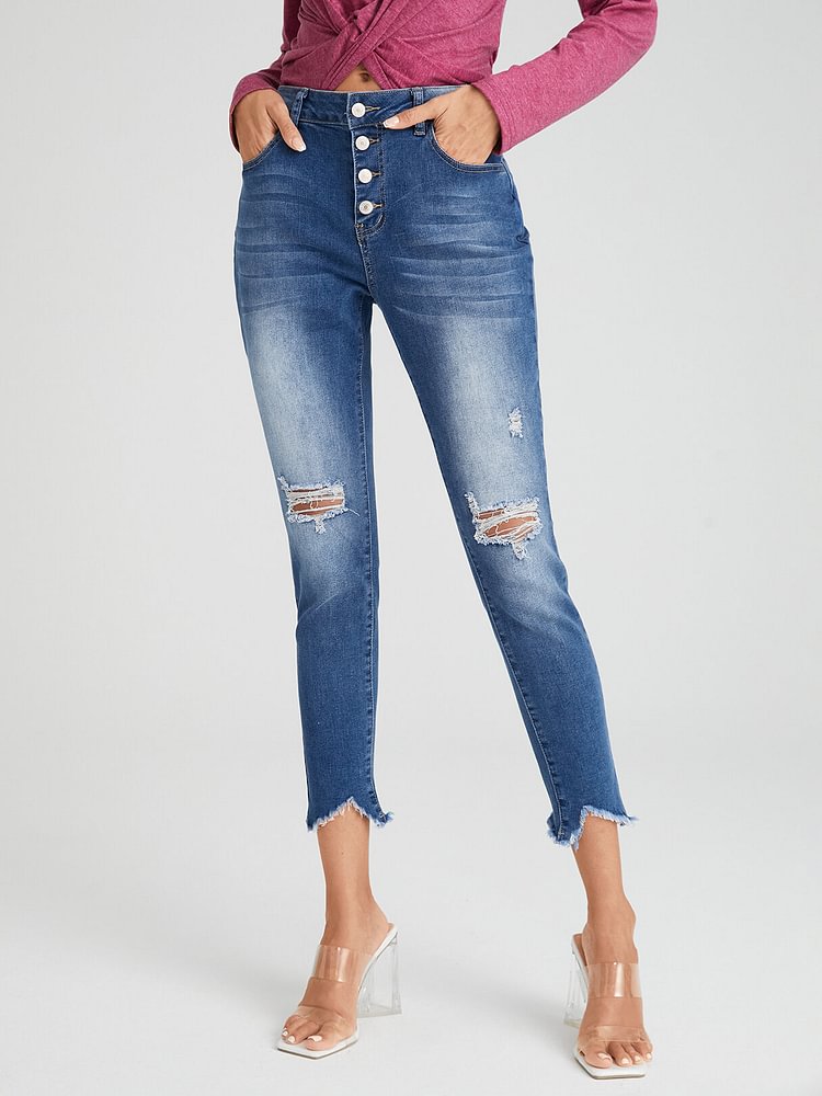 Ripped Washed Button Fly Pencil Jeans With Pocket