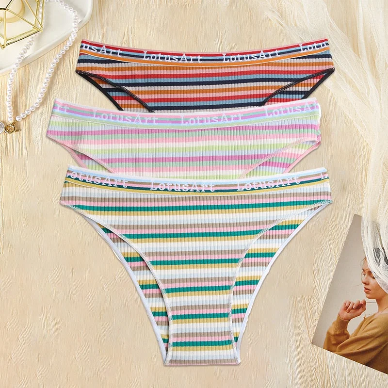 FINETOO 3PCS/Set Women Cotton Seamless Panties for Female M-XL Underwear Panty Sexy Colorful Striped Lingerie Letter Waist Brief