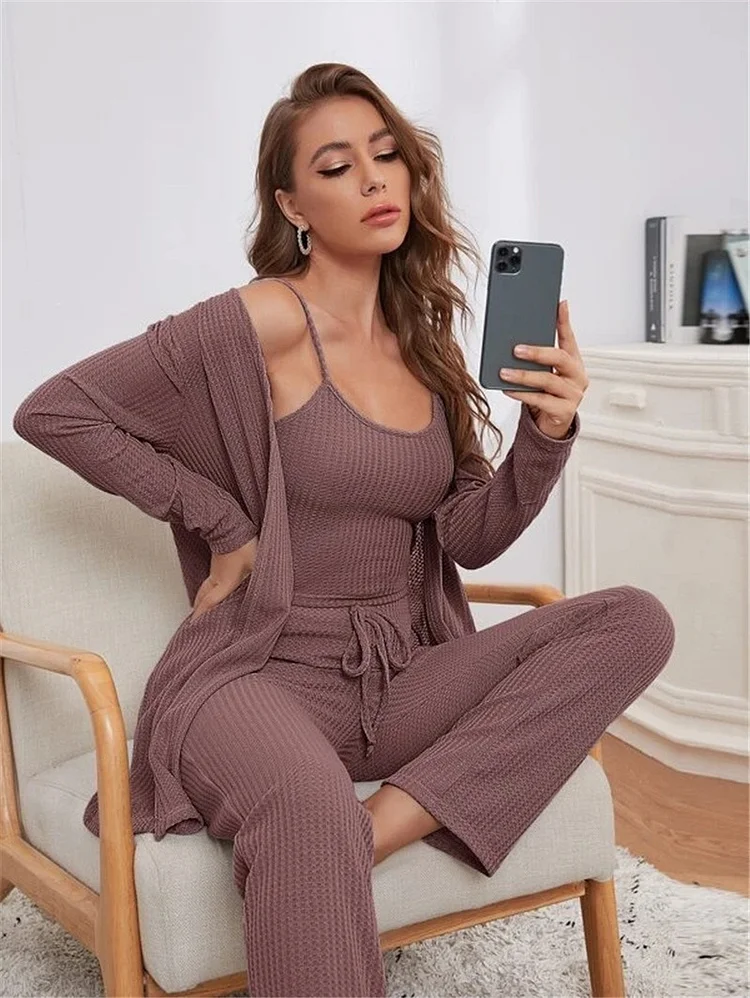 Loungewear Women's Waffle Knit Sling Top Trousers Robe Three Piece