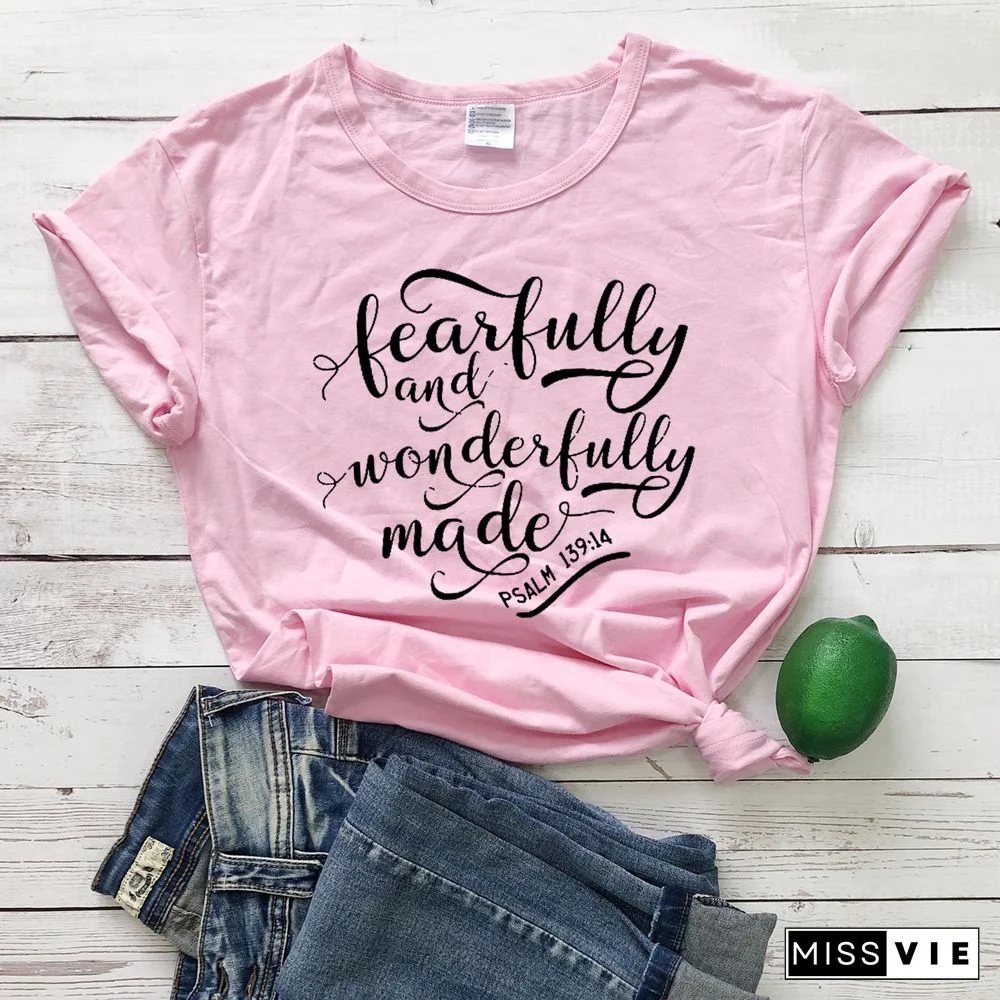 FearfulAndWonderfulMadeReligionWomenFashionUnisexAestheticTumblr Christian BibleBaptismTShirtYoungSloganTeeTops