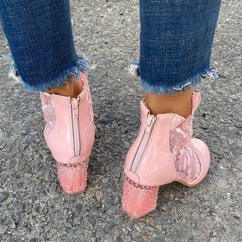 Sexy Black Mesh Embroider Ankle Boots For Women Summer 2022 Crystal Square Heels Boots Woman Round Toe Lace Short Botas