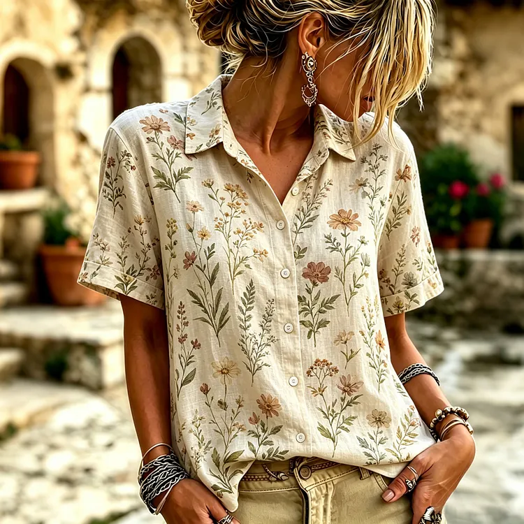 Women's Retro Floral Art Print Linen Blend Short-sleeve Shirt