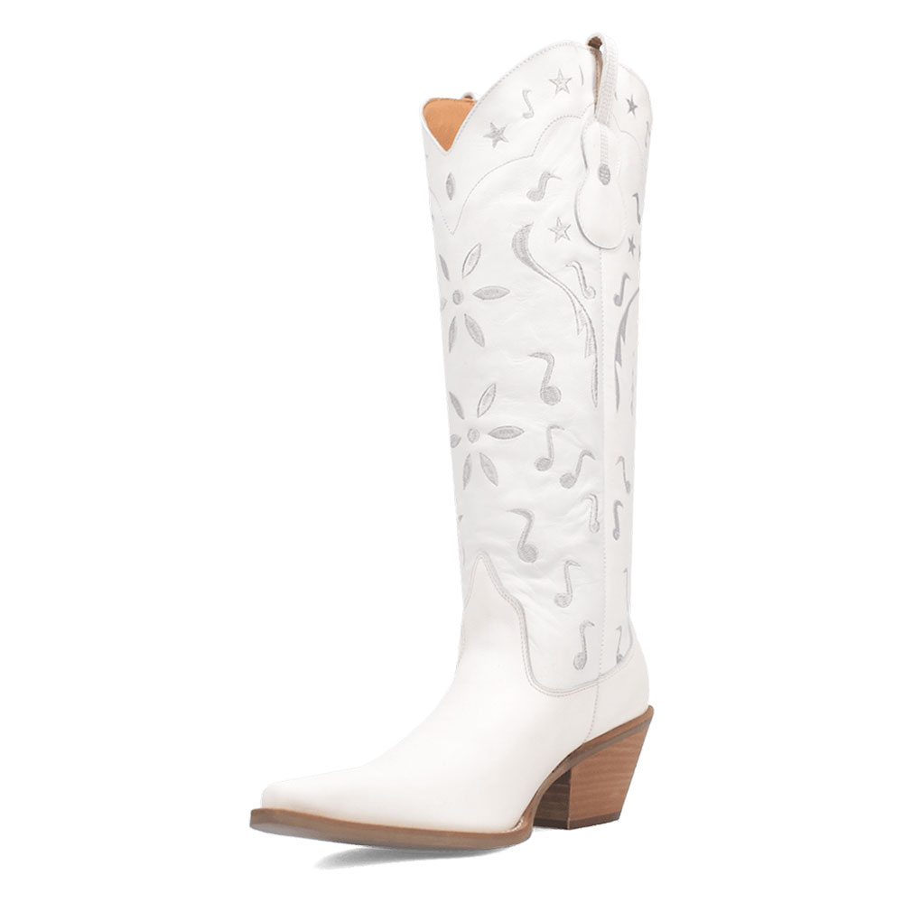 Elegant Snip Toe Embroidered Knee-High Cowgirl Boots in White
