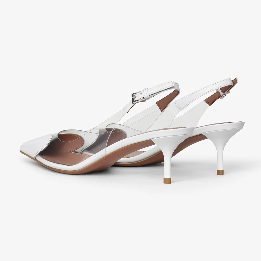 Women's White Closed Pointed Toe Buckle Clear Slingback Pumps