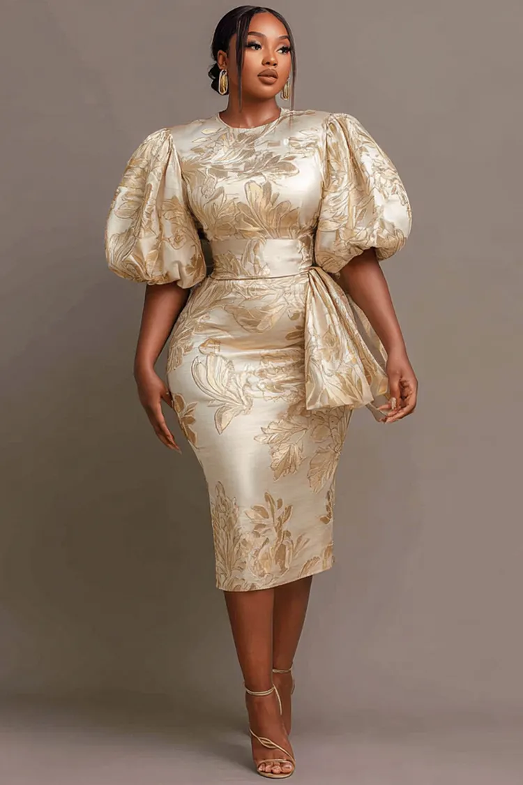 Xpluswear Design Plus Size Cocktail Party Champagne All Over Print Round Neck Puff Sleeve Short Sleeve Bodycon Satin Midi Dresses [Pre-Order] 2024 - Xpluswear