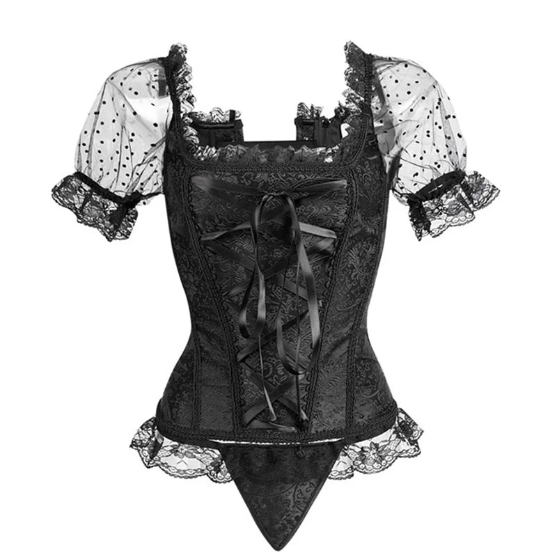 Gothic Sexy Corset Lace Up boned Overbust Bustier Belt Waist Bandage Shapers Short Sleeve Dancer Dress Top + G-string Skirt XXL