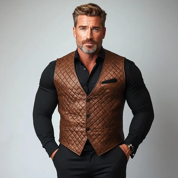 Mens Business Single Breasted Chest Pocket Quilted PU Leather Ves-inspireuse