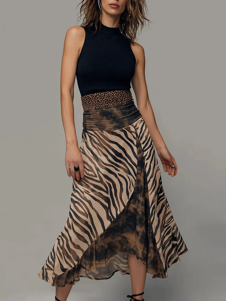 Vintage Zebra Print Patchwork Sleeveless Midi Dress