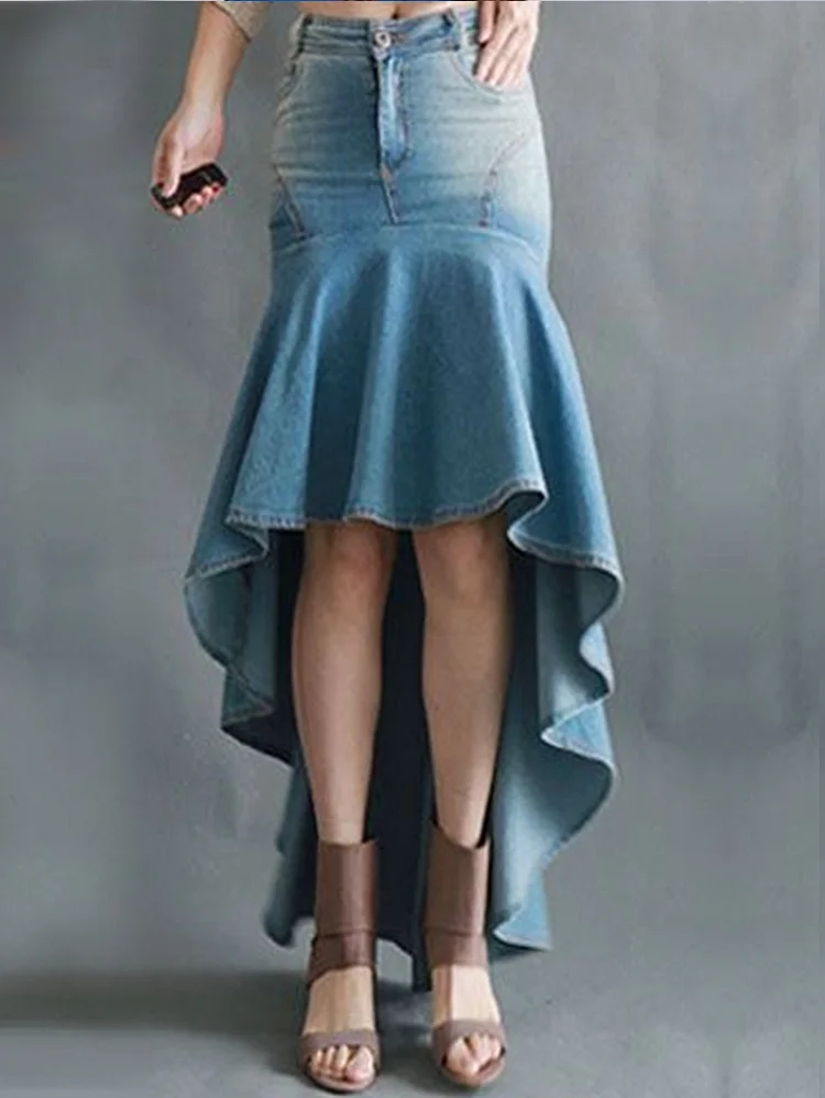 Fashion Plain High Low Hem Light Washed Denim Bodycon Skirt