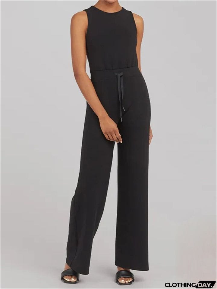 Ladies Summer Relaxed Crew Neck Sleeveless Straight Leg Jumpsuit