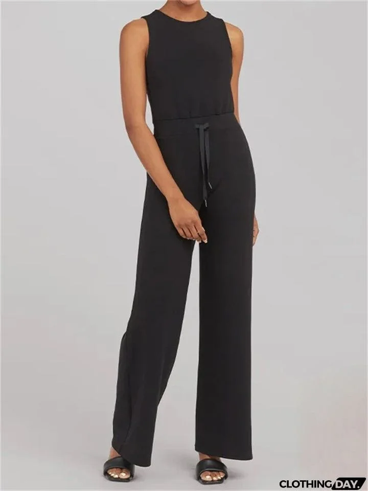 Ladies Summer Relaxed Crew Neck Sleeveless Straight Leg Jumpsuit