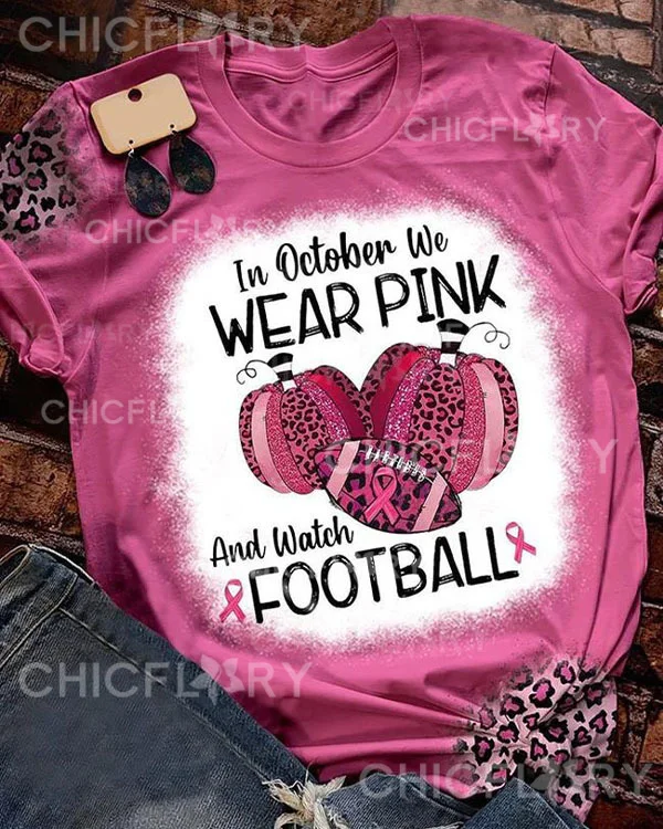 In October We Wear Pink Pumpkin Football Leopard Print T-Shirt