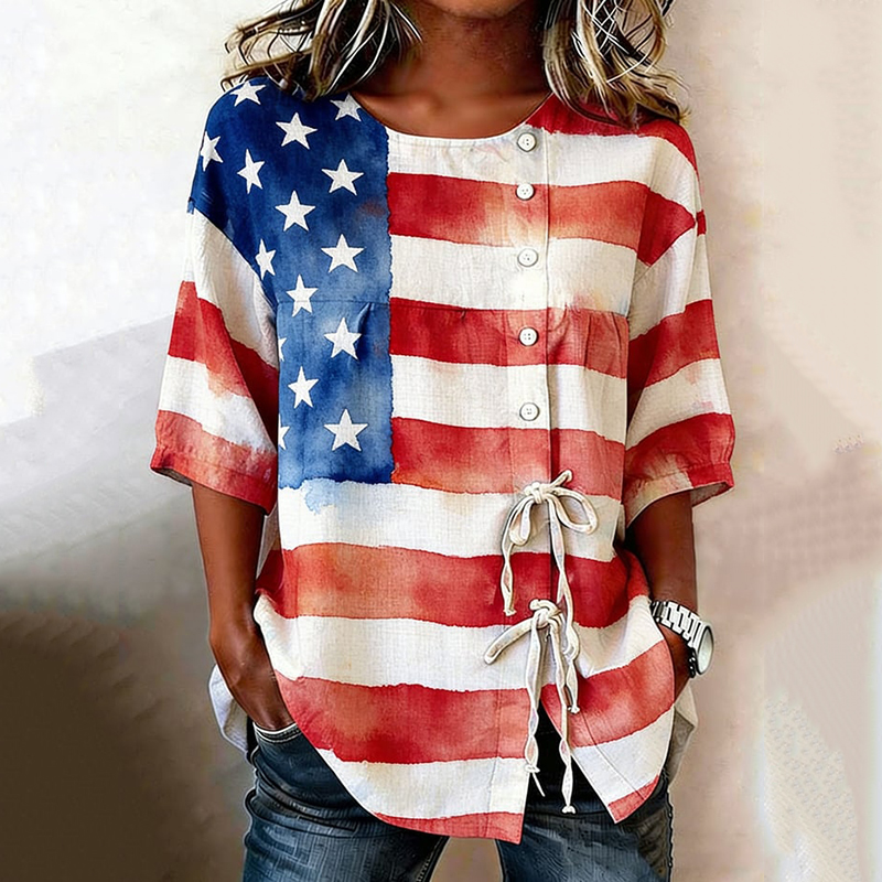  Women's Vintage American Flag Art Crew Button Down Shirt Westsshops