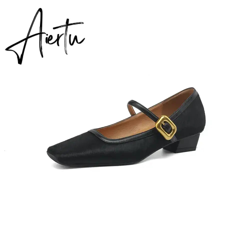 Aiertu NEW Spring/Autumn Women Pumps Square Toe Chunky Heel Shoes Horsehair Leopard Shoes for Women Concise High Heel Buckle Mary Janes Aiertu