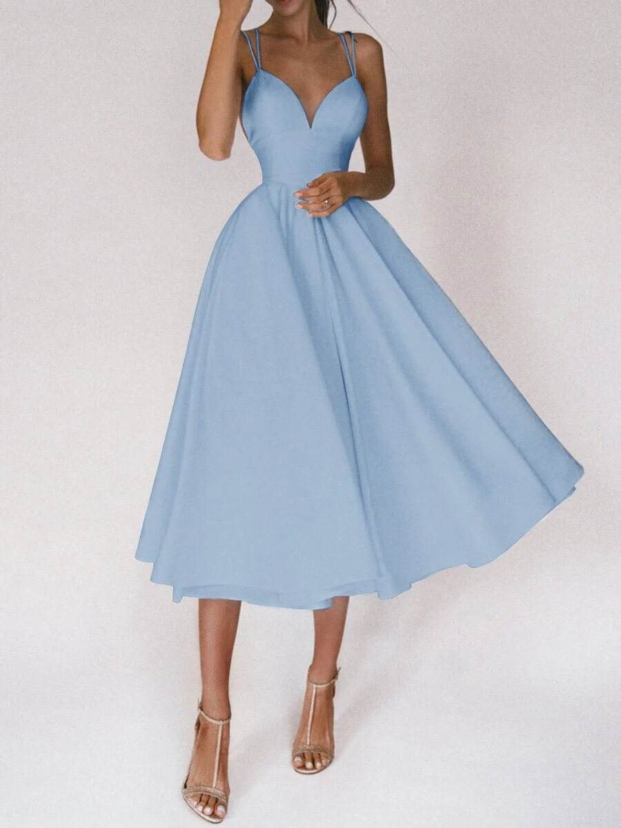 Women's summer solid color sling dress skirt mid-length high waist large swing dress
