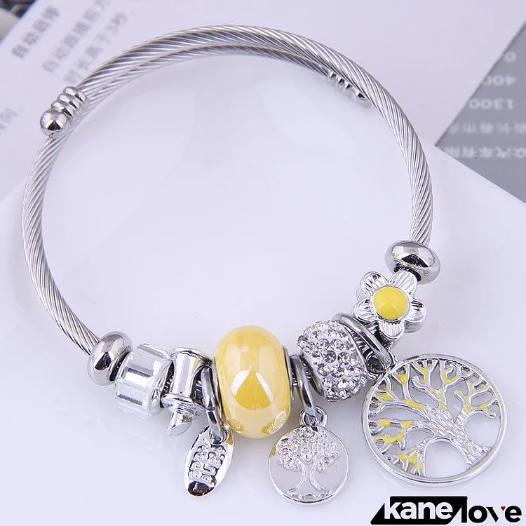 Women Chic Rhinestone Tree Of Life Design Pendant Stainless Steel Charm Bracelet