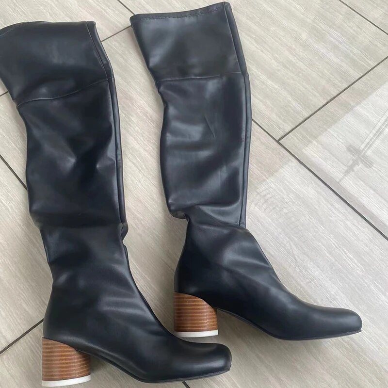 Black Over The Knee Boots Woman Square Toe Strange High Heels Lady Shoes