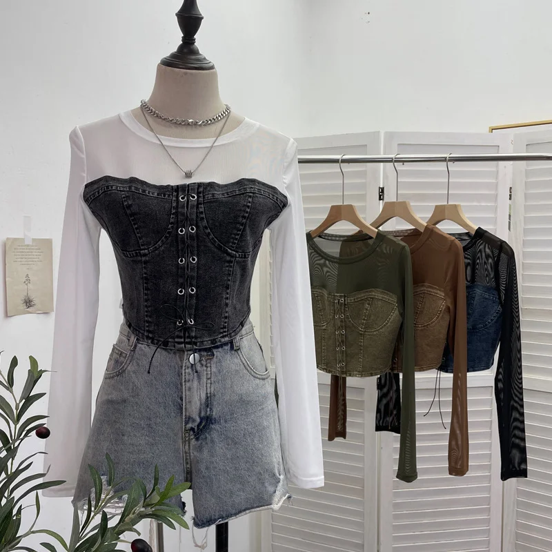 Uveng Real Shooting Denim Splicing Mesh Design Long-Sleeved T-Shirt Wearing Rope Tie Short Repair Body Coat 2638