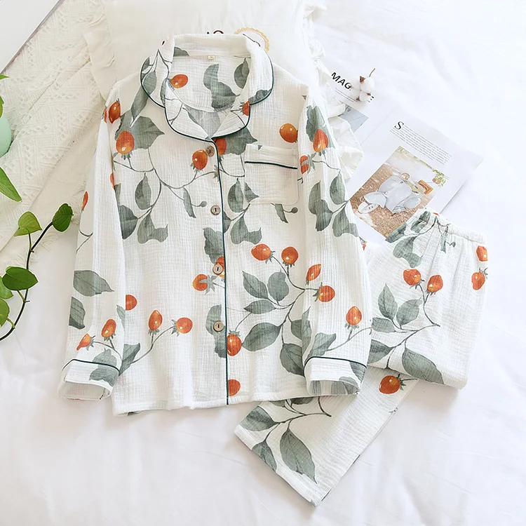 Flower & Leaf Cotton Gauze Pajama Set Radinnoo.com