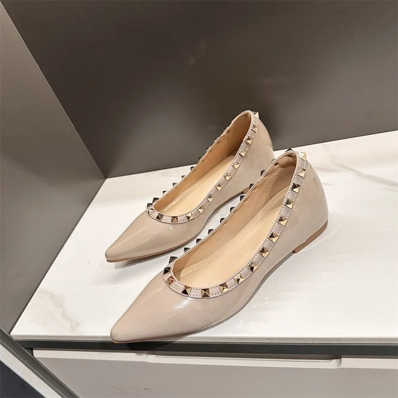 Breakj Breakj Rivet Single Shoes Fender French Temperament Piercing Wearing Willow Dingy Shoes Evening Evening Wind Gentle Nude Flat Shoes Women