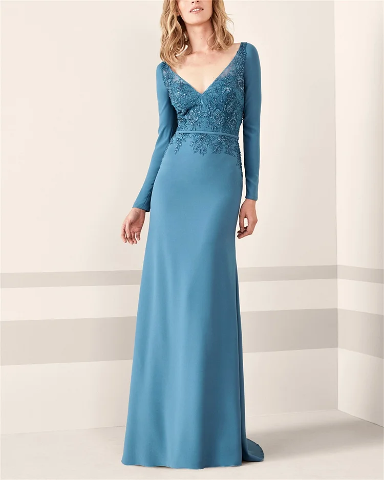 Women's Blue V-neck Long-Sleeve Embroidery Dress