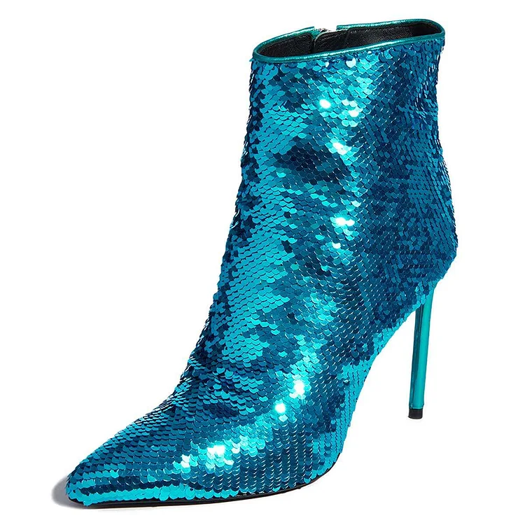 Cyan Sequined Boots Stiletto Heel Ankle Boots |FSJ Shoes