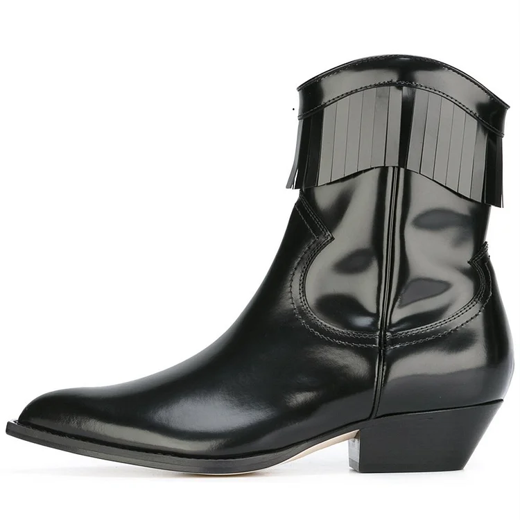 Black Vegan Leather Fringe Boots Chunky Heel Ankle Boots |FSJ Shoes