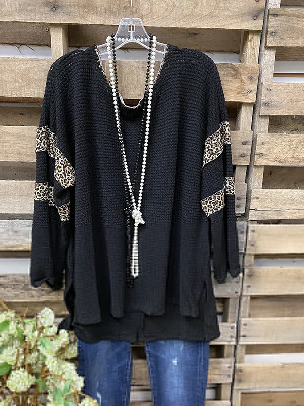 Western Style Women's Leopard Print Stitching Waffle Plaid Top