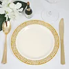 10 Pack | 7" Gold Lace Rim Ivory Plastic Dessert Appetizer Plates, Disposable Salad Plates