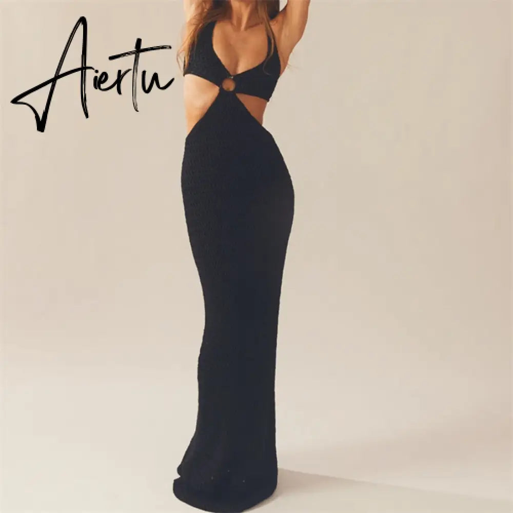 Women Summer Long Beach Dress Party Vacation Hollow Out Sleeveless Deep V Halter Neck Knit Crochet Dress Backless Dress Aiertu