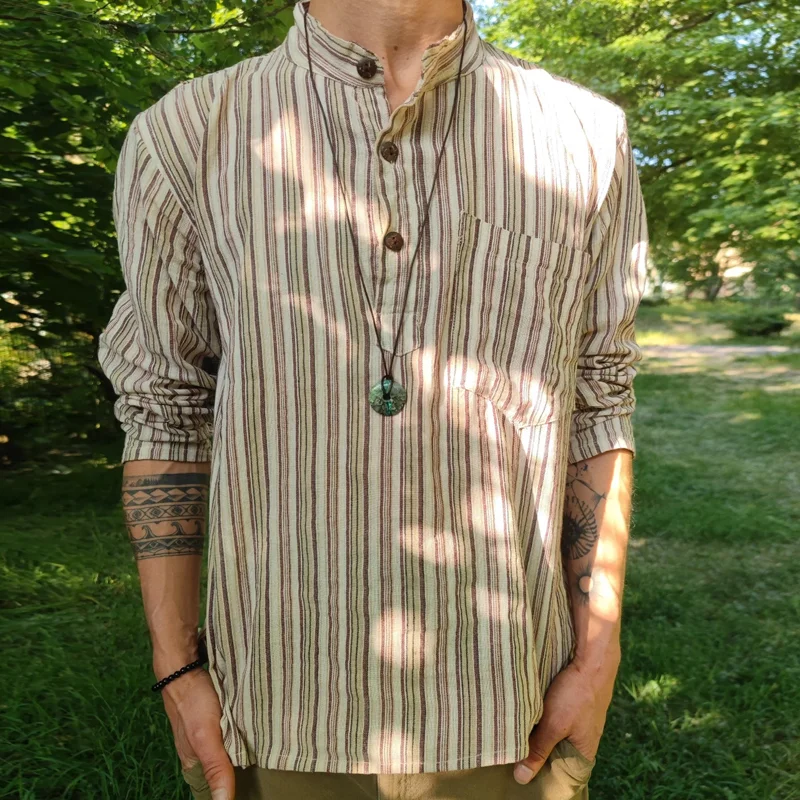 Men's Vacation Natural Cotton Beige Striped Shirt
