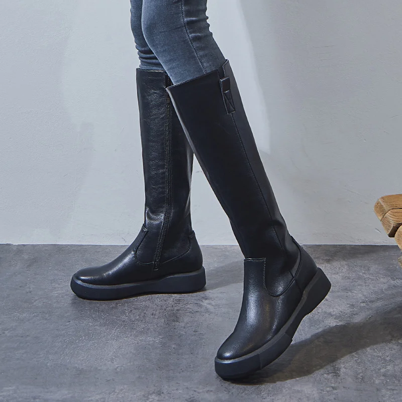 Wongn Wongn And Winter High Tube Tide Boots Women British Wind Flat Boots Middle Boots Versatile Single Boots Long Tube Knight Leather Boots Martin Boots