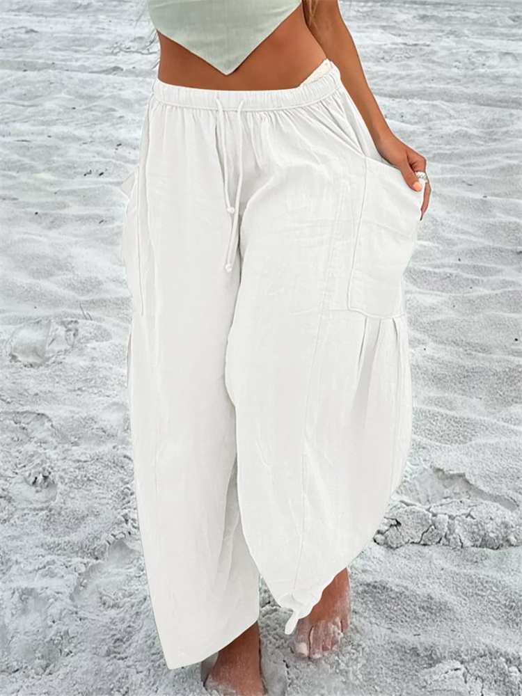 Patch Pockets Pleated Flowy Wide Leg Pants wearshes