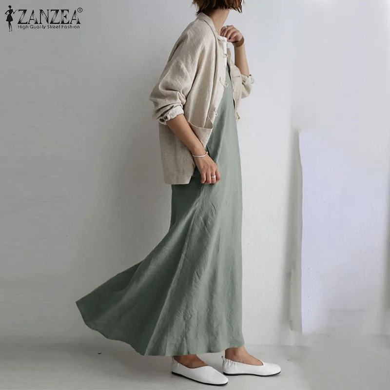 Summer Elegant V Neck Spaghetti Strap Sundress ZANZEA Fashion Women Dress Solid Overalls Vestidos Kaftan Long Slip Dress Femme