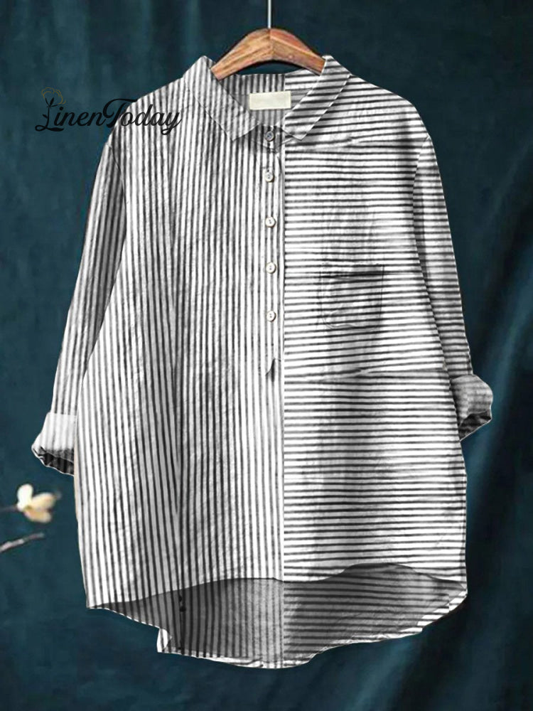 Women’s Minimalist Abstract Art Print Casual Cotton And Linen Shirt Multicolor / S