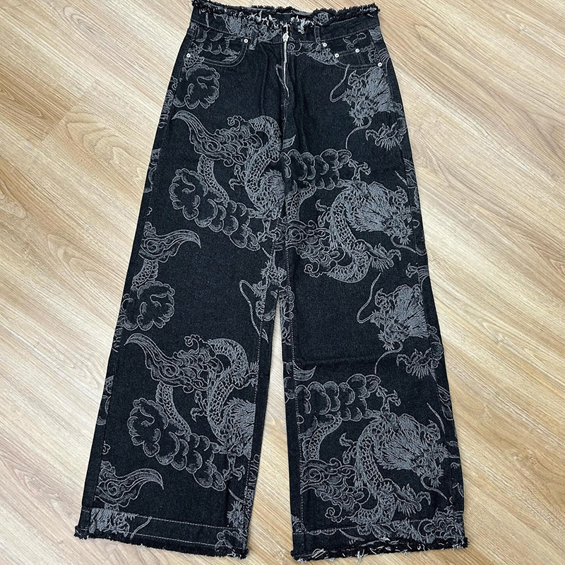 Oriental Art Dragon Pattern Denim Jeans