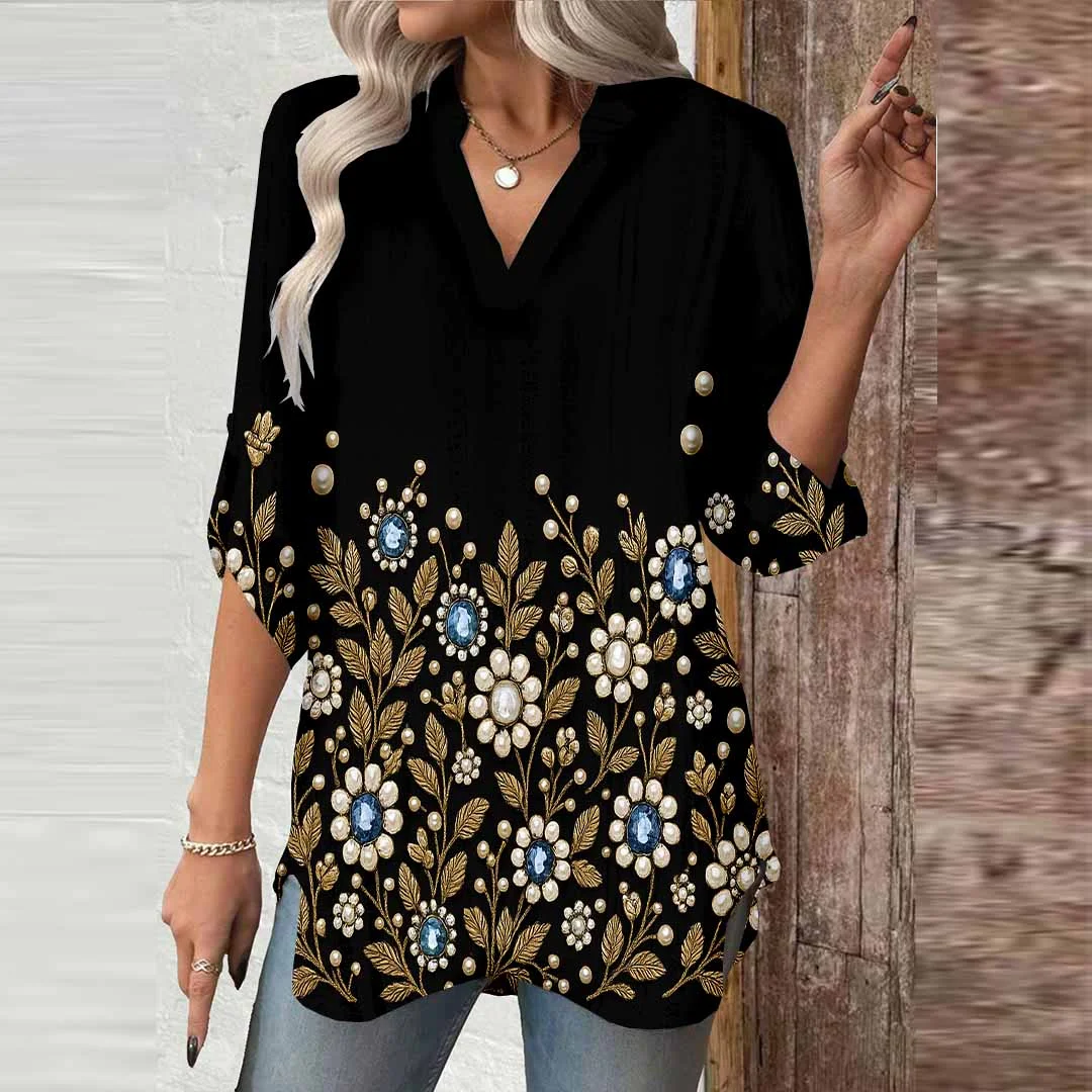 Women Black, Flowers, Polka Dots DZGA0403 3/4 Sleeve V-neck Printed Graphic Button Tops