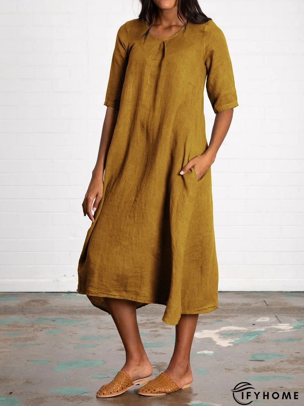 V Neck Half Sleeve Pockets Linen Women Midi Dress | IFYHOME