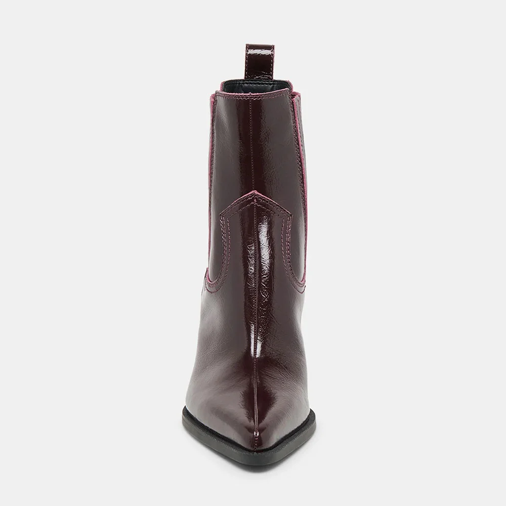 Maroon Mid Heeled Pointed Toe Slip On Chelsea Boots for Women